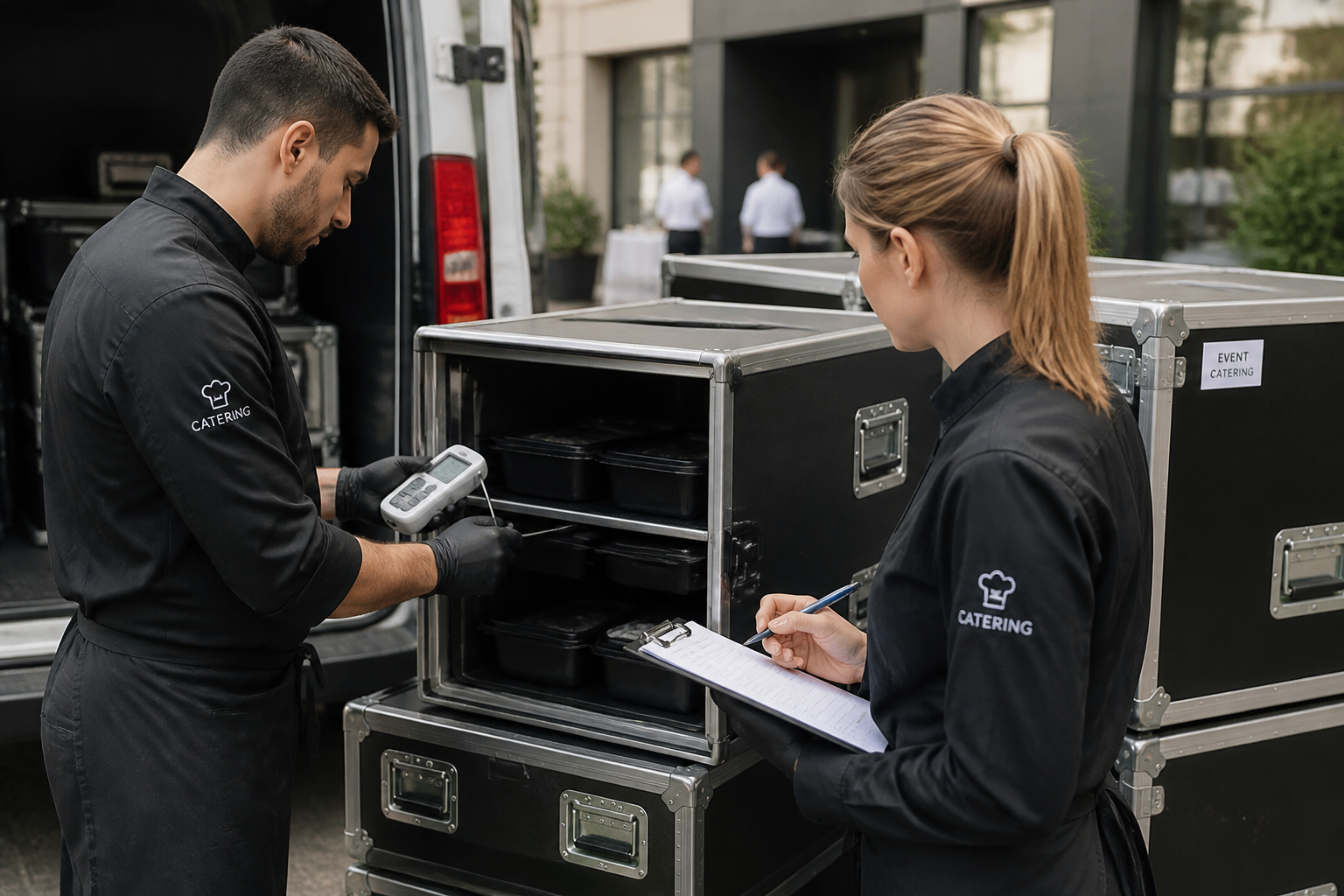 Catering team checks food containers and temperatures during loading