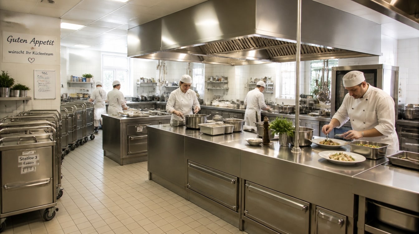 Employees in a professional commercial kitchen using Kibi Scada