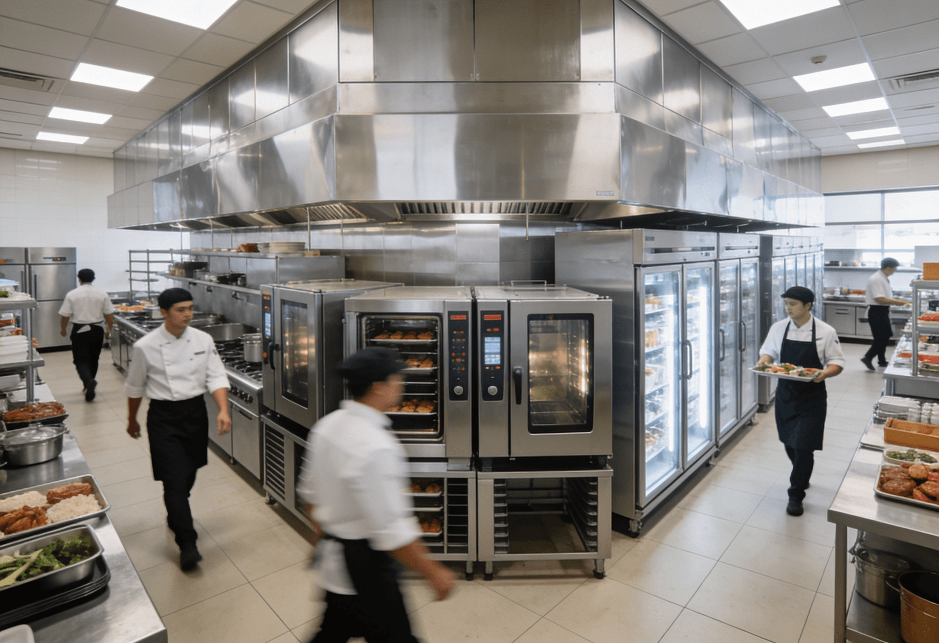 Large commercial kitchen with multiple employees and centrally monitored equipment