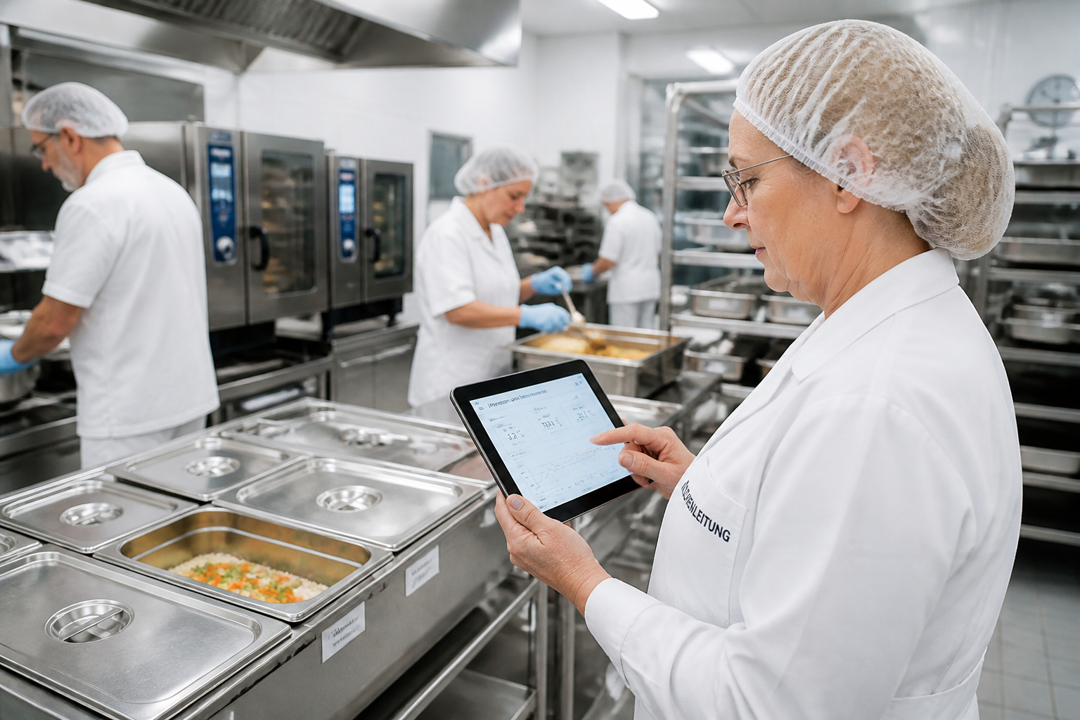 Hospital kitchen with employees and digital temperature monitoring