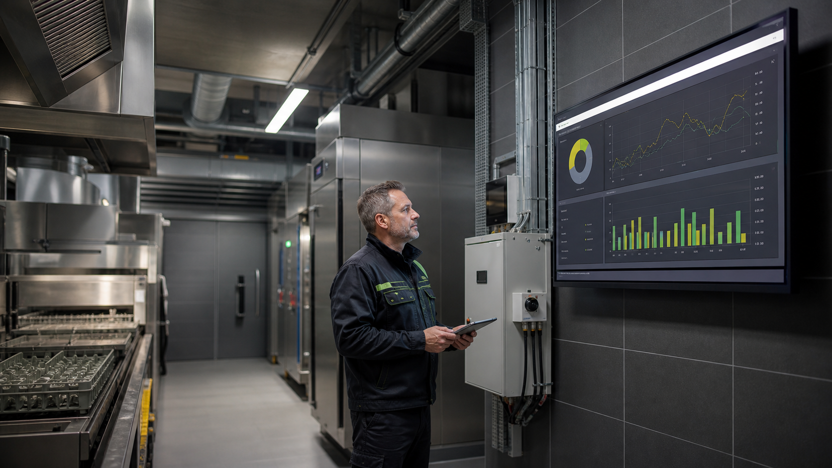 Technical manager reviews energy consumption and load peaks on a dashboard in a large-scale kitchen environment.