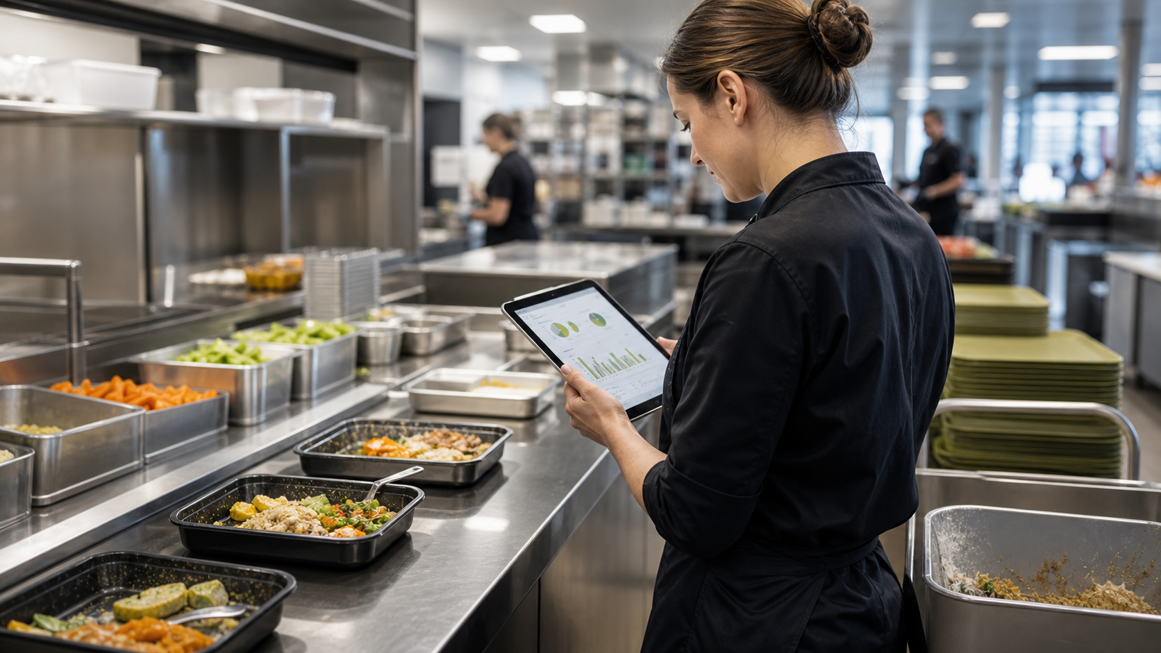 Employee analyzing production and return data in a large-scale kitchen using tablets at the serving area.