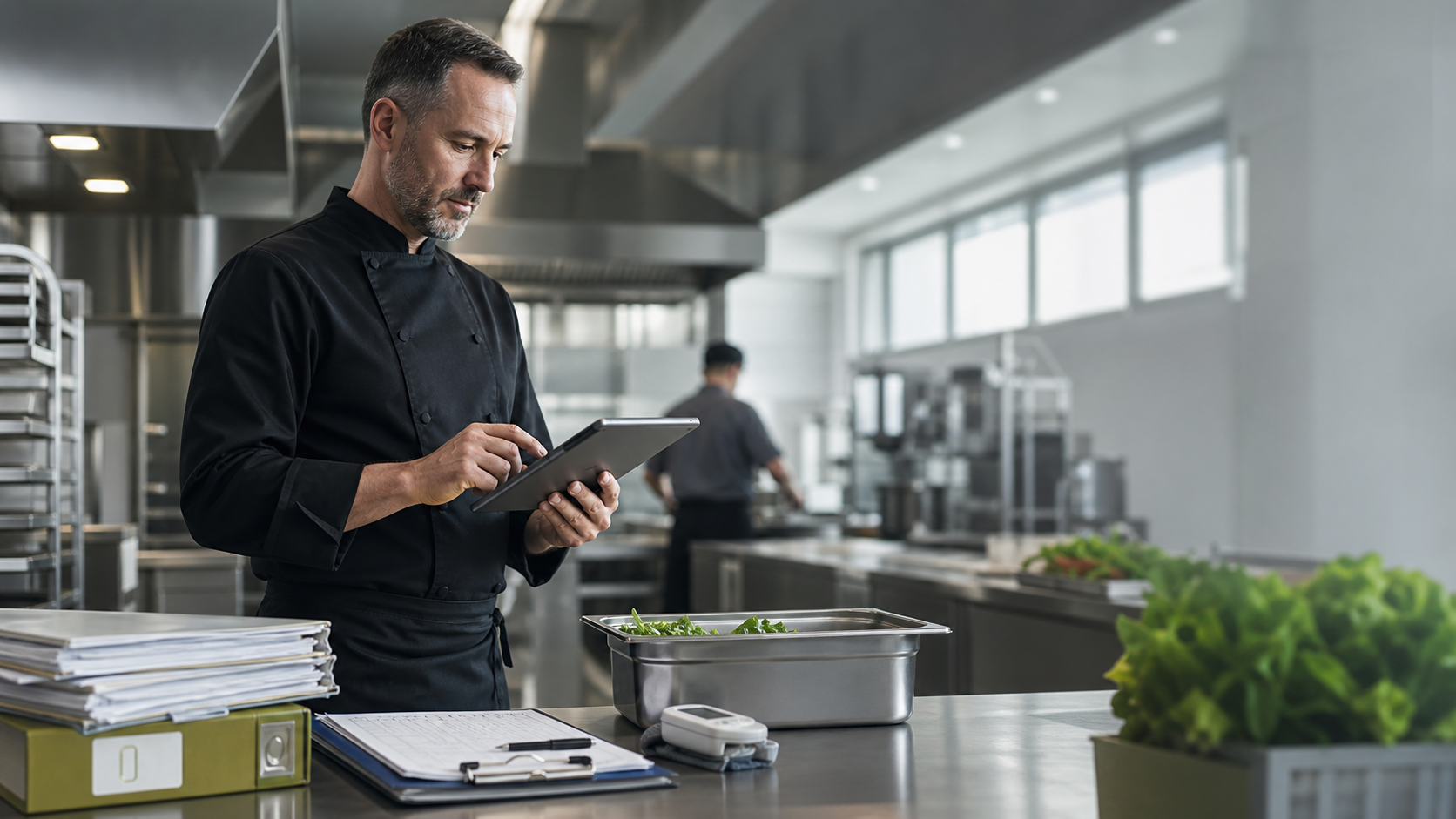Kitchen supervisor checks digital HACCP documentation via tablet in a modern large-scale kitchen.