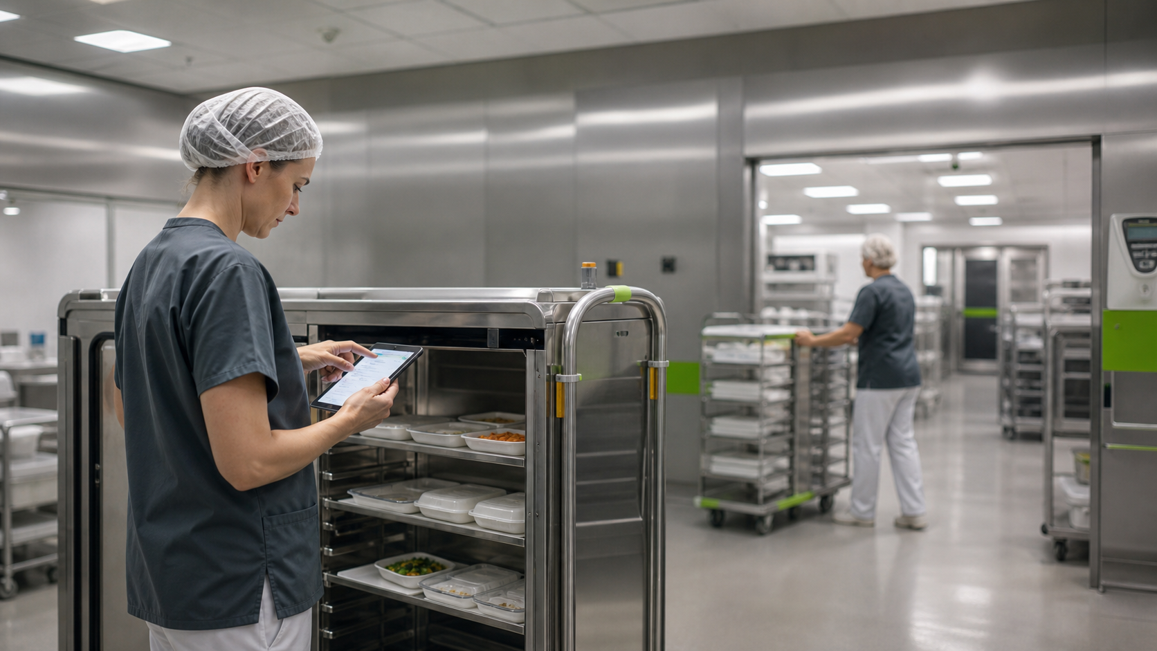 A hospital kitchen employee keeps track of a meal cart digitally via tablet.