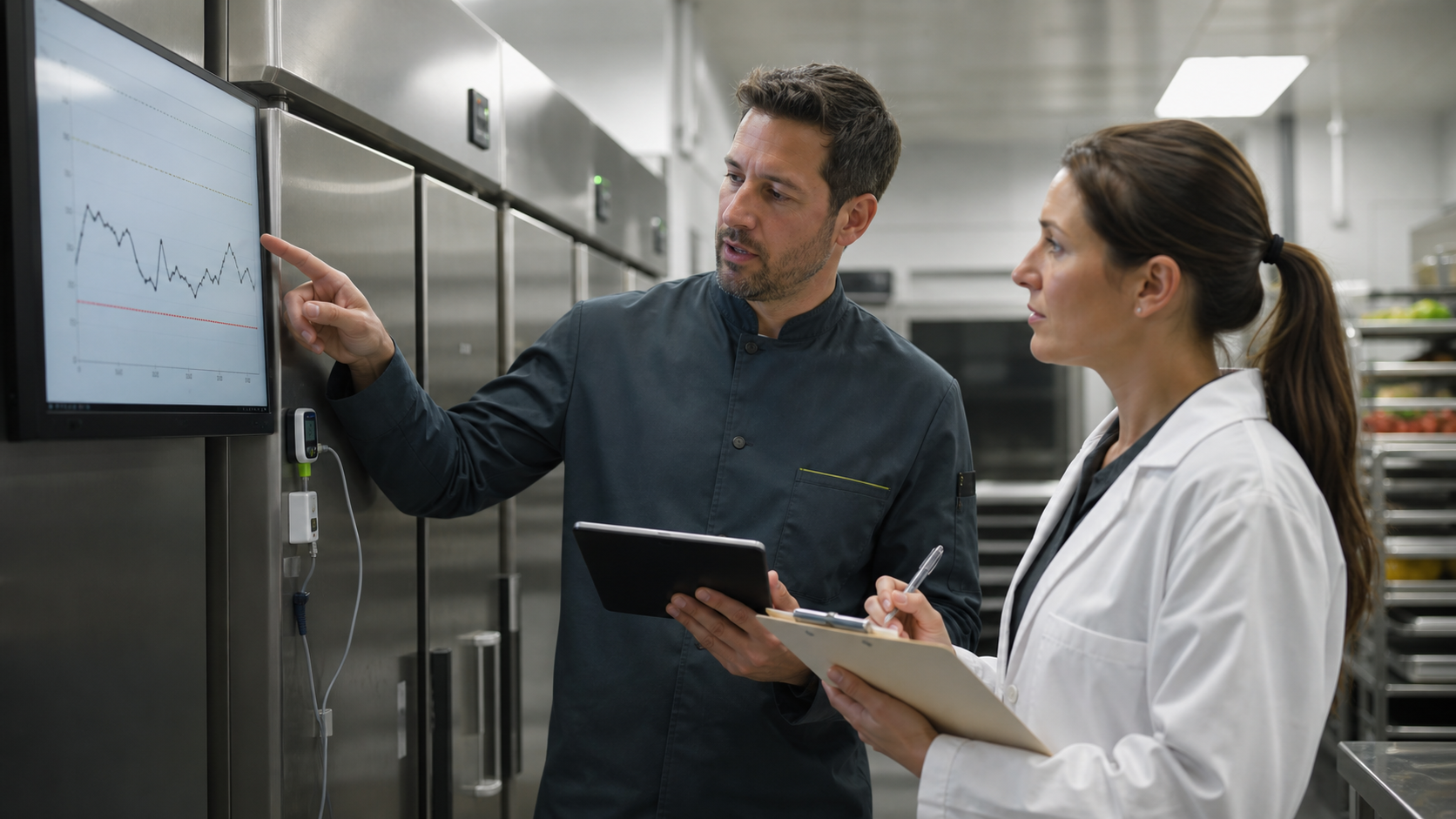 Quality managers and kitchen supervisors check temperature data on refrigeration units in a large-scale kitchen.