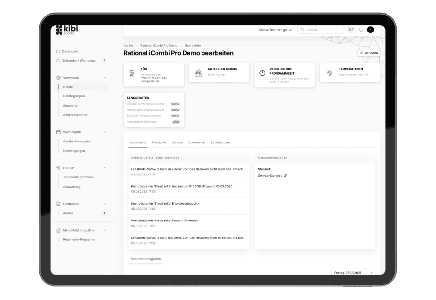 Device overview in the Kibi Scada dashboard with status cards