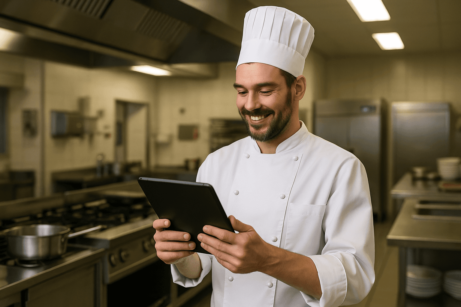 Kitchen staff records HACCP checks on a tablet in the large-scale kitchen