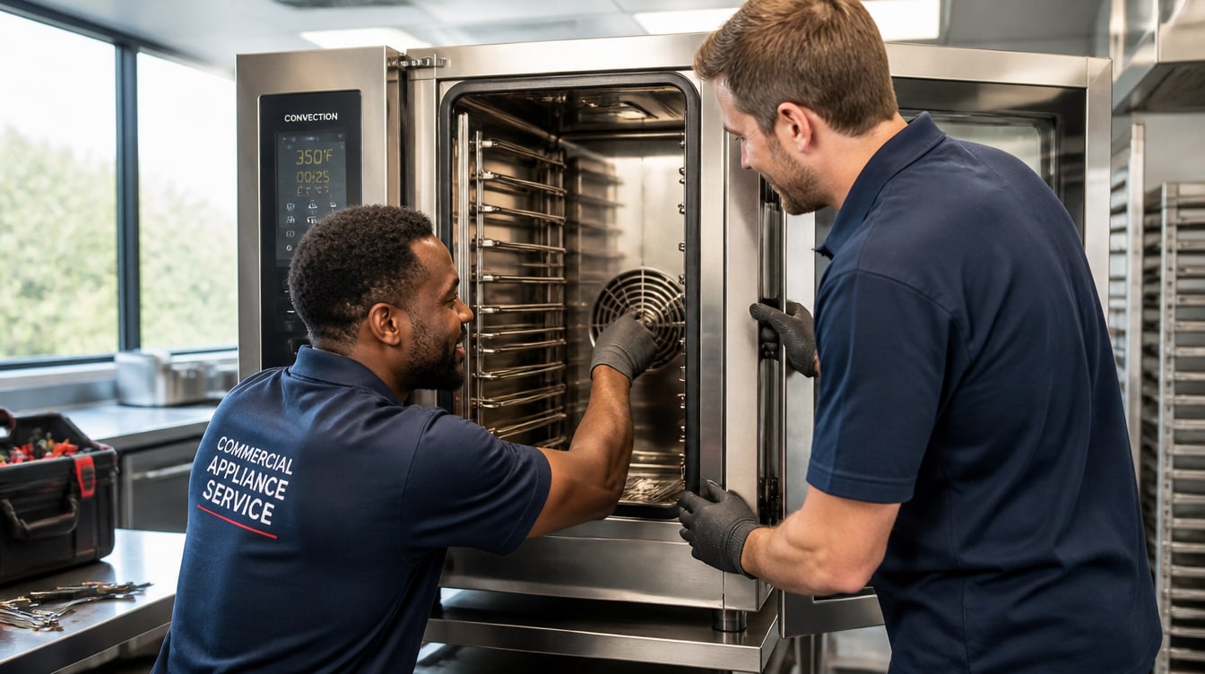 Service technicians collaborate on integrating a large-scale kitchen appliance