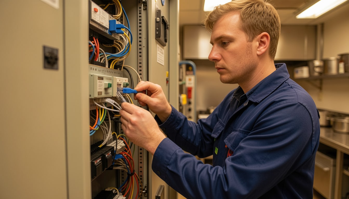 Technician connecting components in a control cabinet for device integration