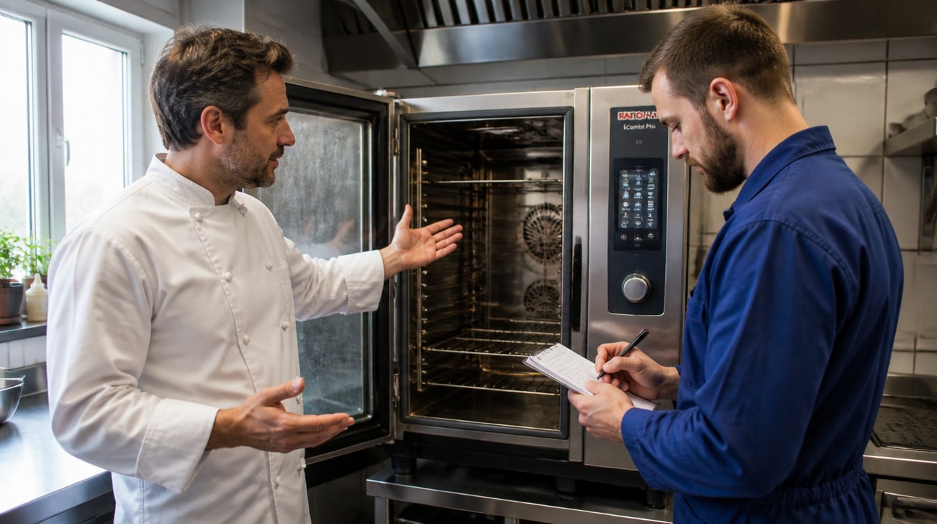 Kitchen management and service technicians discuss a documented service request at the equipment