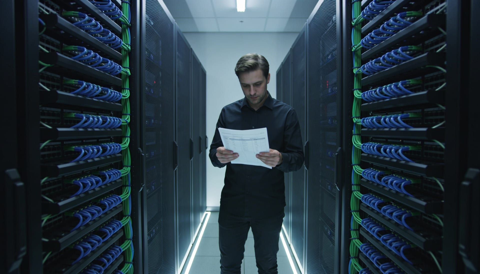Specialist reviews documents in a data center environment