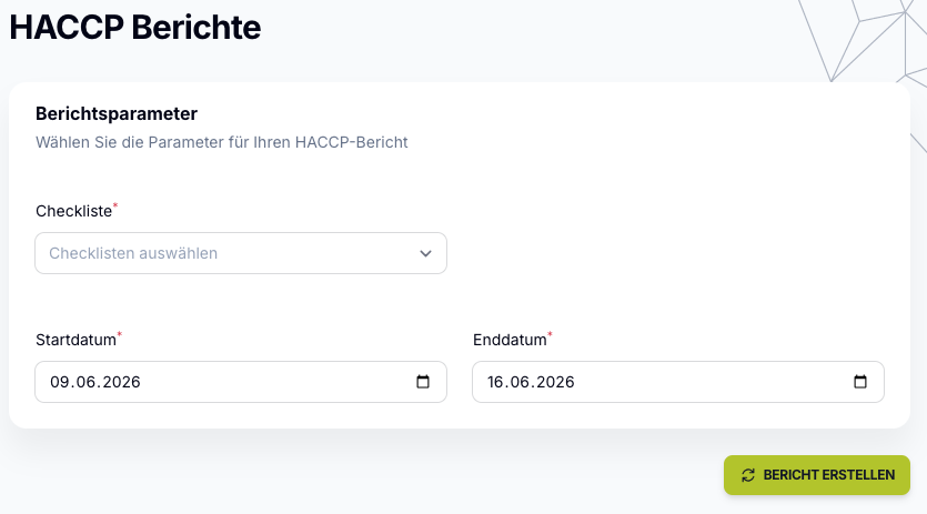 HACCP Report Generator in Kibi Scada: Select checklist and set start and end date for the report