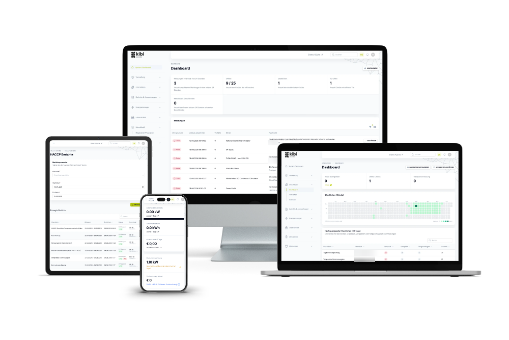 Kibi Scada on desktop, laptop, tablet, and smartphone: Dashboard, HACCP reports, and energy overview