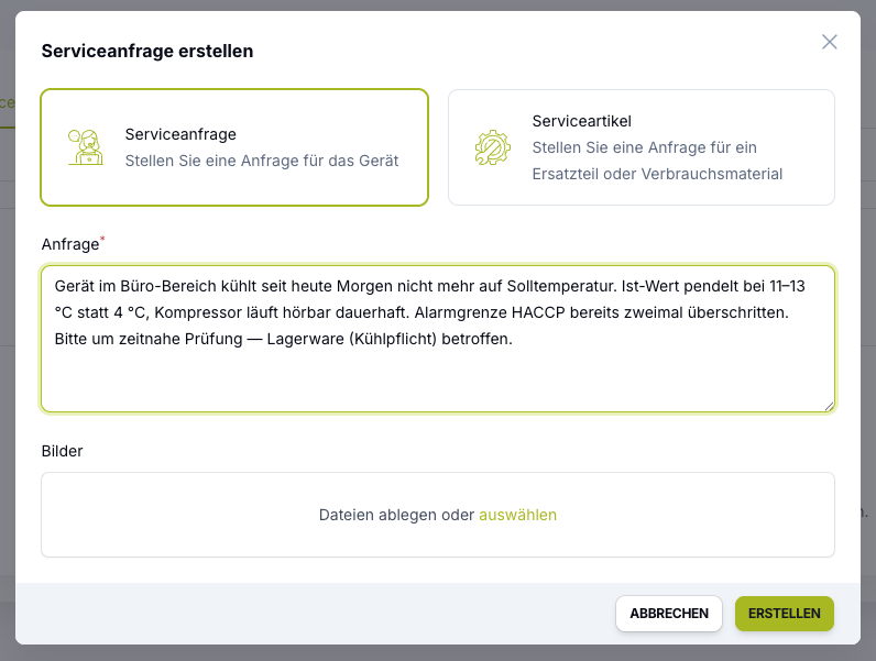 Create a 'Service Request' in Kibi Scada with options for Service Request/Service Item and request text