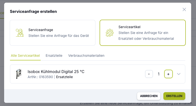 Create a 'Service Request' in Kibi Scada by selecting a service item or spare part