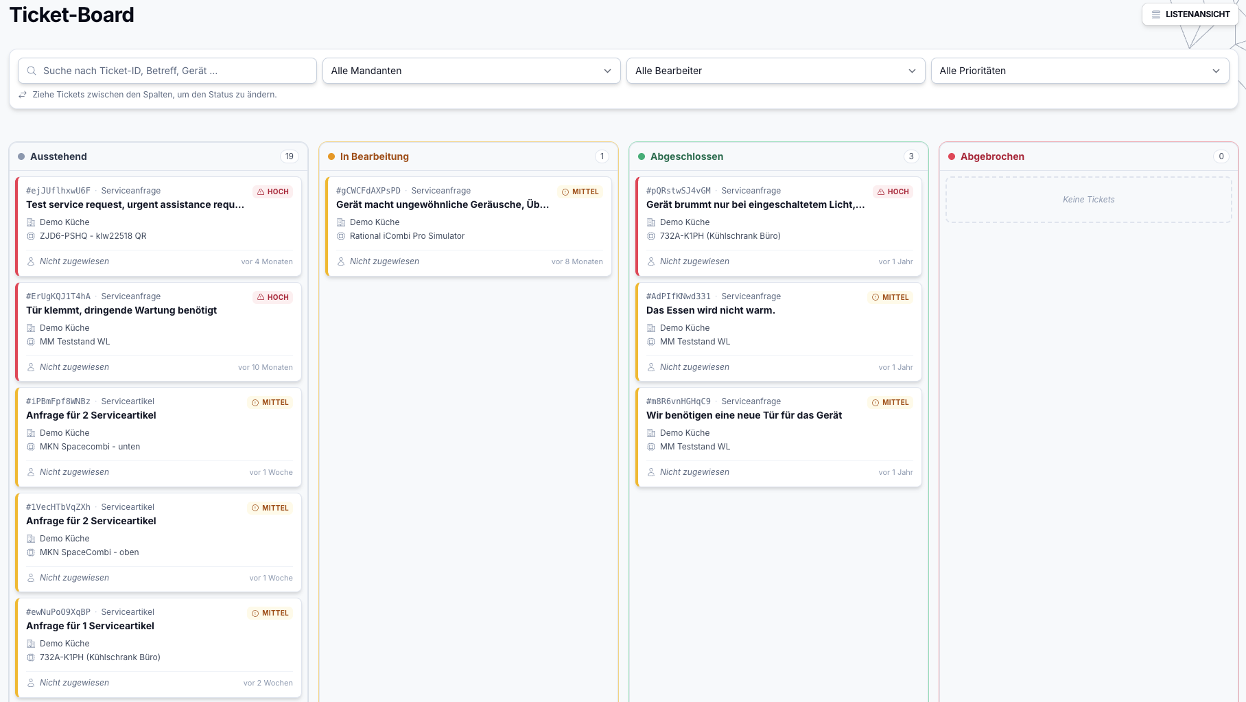 Ticket Board in Kibi Scada with columns *Pending*, *In Progress*, and *Completed*, plus filters by client, assignee, and priority