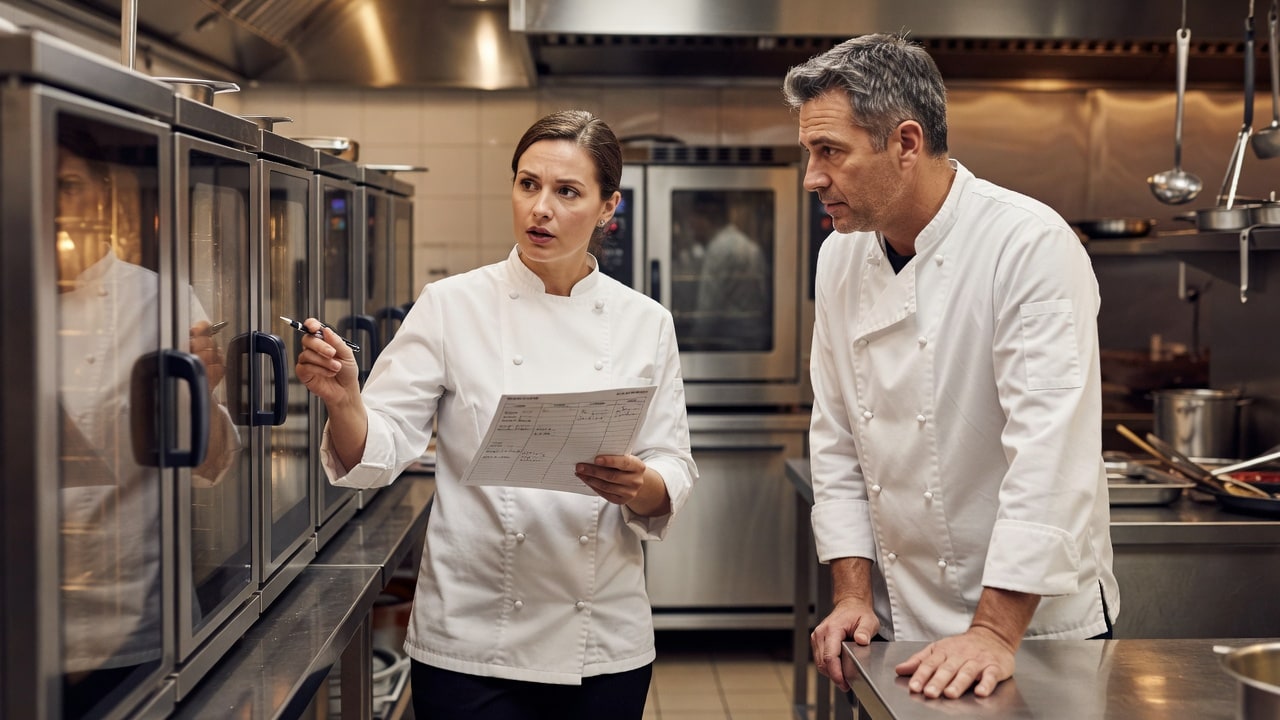 Kitchen team in communication in a professional large-scale kitchen