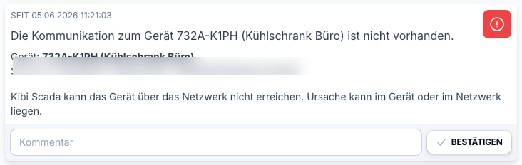 Alarm details with acknowledgment and action documentation in Kibi Scada