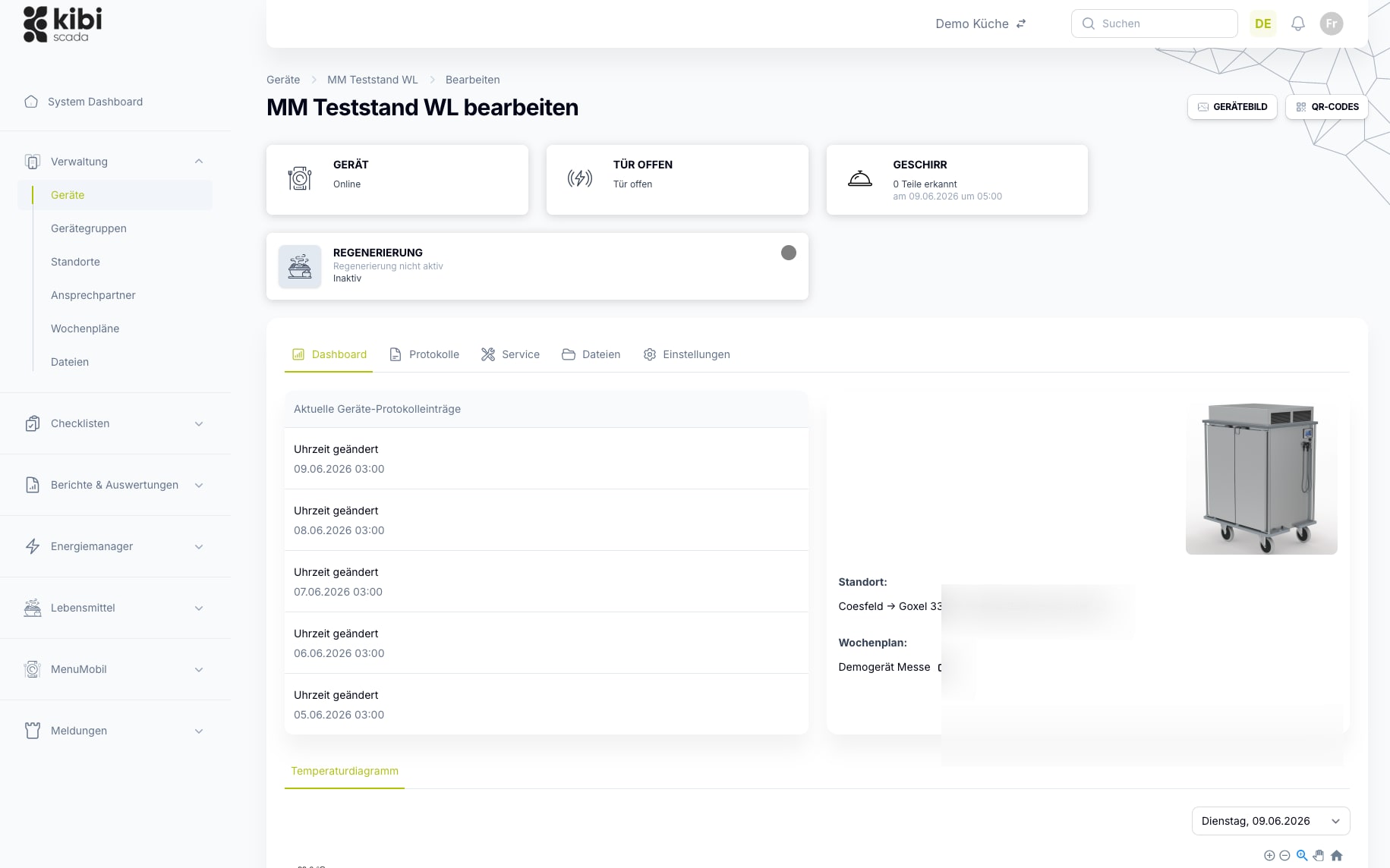 Device details with measurements, status, and history in Kibi Scada