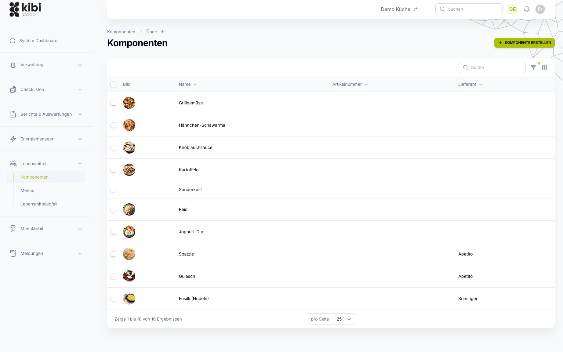 Component and menu master data in Kibi Scada
